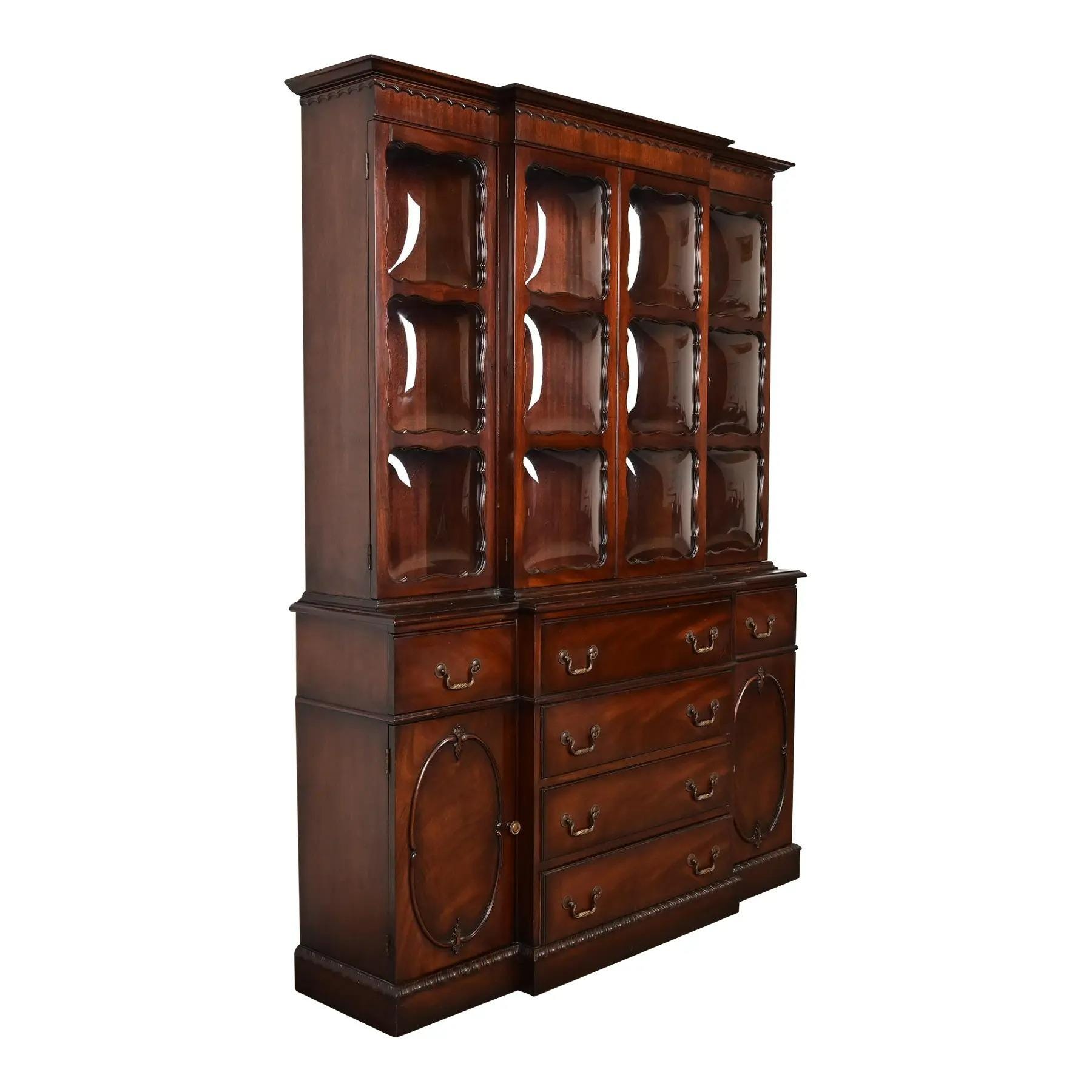 Baker Furniture Style Georgian Mahogany Bubble Glass Breakfront 