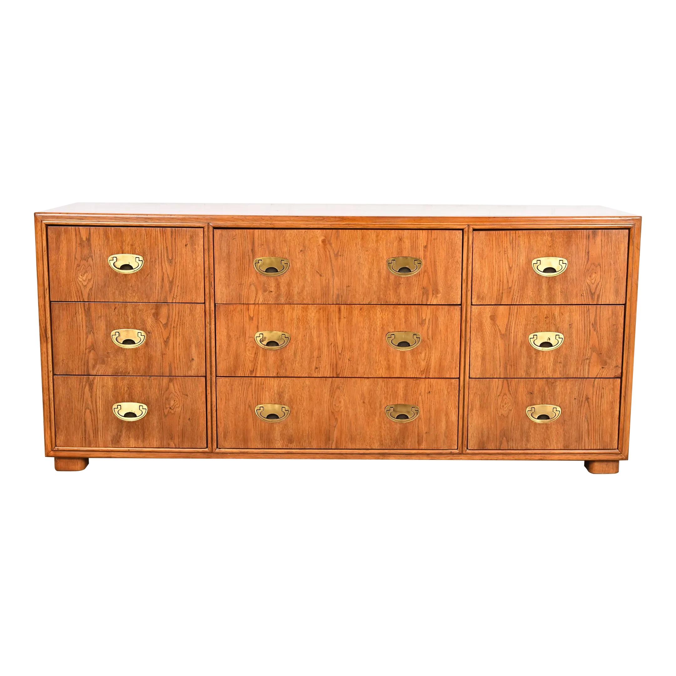 Drexel Heritage Hollywood Regency Campaign Oak Triple Dresser or