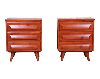 Franklin Shockey Mid-Century Modern Sculpted Solid Pine Bedside Chests, Newly Refinished