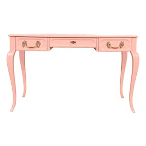 Baker Furniture French Provincial Louis XV Pink Lacquered Writing Desk, Newly Refinished