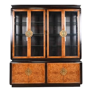 Raymond Sobota for Century Furniture Hollywood Regency Chinoiserie Burl Wood Lighted Breakfront Bookcase Cabinet, 1970s