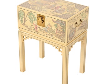 Drexel Heritage Hollywood Regency Chinoiserie Hand-Painted Cream Lacquered Chest on Stand