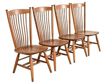 Stickley Style American Colonial Solid Oak Spindle Back Windsor Dining Chairs, Set of Four