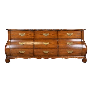 Baker Furniture French Provincial Louis XV Oak and Burl Wood Bombay Form Triple Dresser, Circa 1960s