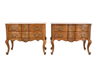 Baker Furniture French Provincial Louis XV Carved Oak and Burl Wood Commodes or Bedside Chests, Pair