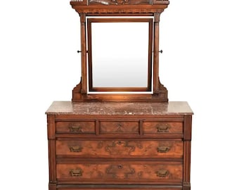 Herter Brothers Style Antique Eastlake Victorian Carved Burled Walnut Marble Top Dresser With Mirror, Circa 1880s