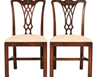 Baker Furniture Style Georgian Carved Mahogany Side Chairs or Dining Chairs, Pair