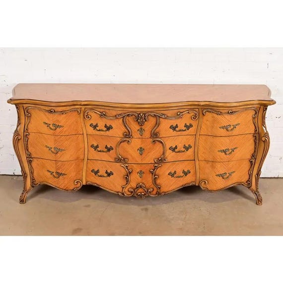 Romweber French Rococo Louis XV Carved Satinwood Long Dresser or