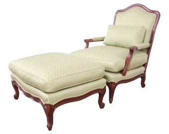 Minton-Spidell French Provincial Louis XV Carved Walnut Upholstered Fauteuil With Ottoman