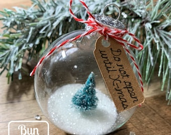 Bottle Brush Christmas Tree Snowglobe-Like Do Not Open Until X-mas Glass Ball Ornament