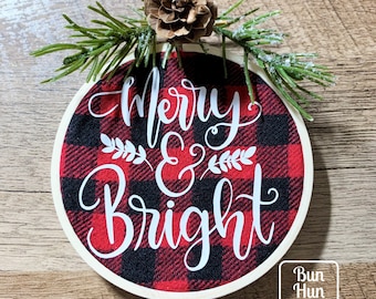 Buffalo Check Embroidery Hoop Ornament with Holiday Greeting