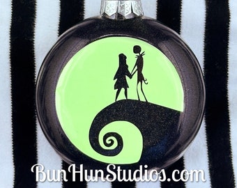 Nightmare Before Christmas Inspired Jack & Sally Glow In The Dark Glitter Glass Ornament