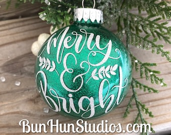 Merry and Bright Glitter Glass Christmas Ornament