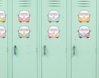 Editable name tags for school, retro van bulletin board, cubby tags, editable labels template, locker labels for classroom, back to school