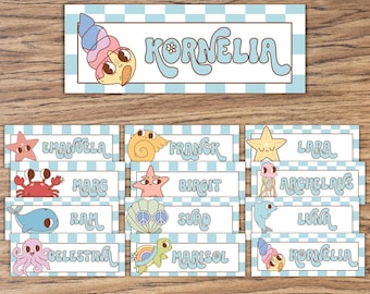 Retro ocean animal name tags for school, name plate for desk, editable labels printable for teachers, instant download
