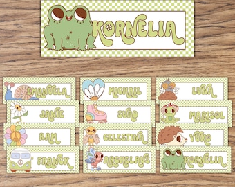 Classroom name tags, spring decor, retro name plate for desk, editable labels printable for teachers, flower power, retro classroom theme