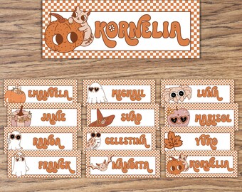 Classroom name tags, fall classroom decor, Halloween decorations, retro name plate for desk, editable labels printable for teachers