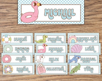 Classroom name tags, summer classroom decor, retro name plate for desk, editable labels printable for teachers, instant download