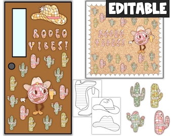 May include: Editable classroom door decor with a retro western disco theme. The door features a brown door with a window, a disco ball wearing a cowboy hat, and the text "Rodeo Vibes!"  The set includes a bulletin board with the text "Rodeo Vibes!" and cactus cutouts.