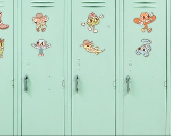 May include: Three green lockers with colorful cartoon characters on them. The characters are wearing cowboy hats and have names like "Howdy" and "Slouchovich". The text "Retro Western Characters Editable Locker Labels" is at the bottom of the image.