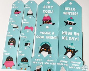 May include: Set of ten printable penguin gift tags with various winter-themed messages. The tags are blue with white outlines and feature penguin illustrations with different accessories. The text on the tags includes "Stay Cool!" "Hello, Winter!" "You're a Cool Friend!" "Have an Ice Day!" "Happy New Year!" "Winter Break Vibes" and "Friendship Warms Every Heart".