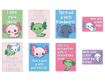 Axolotl Valentine’s Day Printable Cards for Kids, printable valentines for kids, valentines day cards for kids classrooms, axolotl gift kid