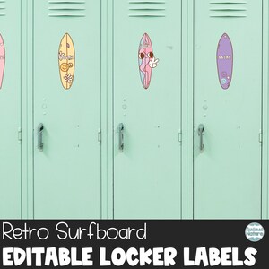 May include: Three mint green lockers with retro surfboard locker labels. The labels are colorful and feature a surfboard with a smiley face, a peace sign, and a star. The text on the labels reads "Groovy", "Hawaii", and "Beachy".