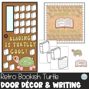 Back to school classroom decor, retro turtle, reading classroom door, bulletin board kit, editable letters, name tags for kids, bookish