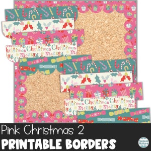 May include: Printable Christmas borders in pink, green, and white with candy canes, presents, holly, and snowflakes. The borders feature the text "Merry Christmas".