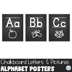 May include: Three black chalkboard posters with white outlines. Each poster features a letter of the alphabet, A, B, and C, in uppercase and lowercase, with a corresponding picture. The poster for A has an apple, the poster for B has a butterfly, and the poster for C has a cat.