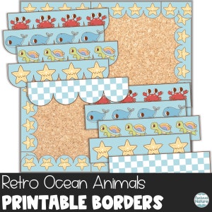 May include: Printable borders featuring retro ocean animals. The borders include whales, turtles, crabs, and stars on a blue and white checkered background. The text "Retro Ocean Animals Printable Borders" is at the bottom of the image.
