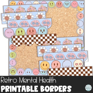 Printable bulletin board border, retro classroom decor, mental health awareness, school counselor office decor, back to school