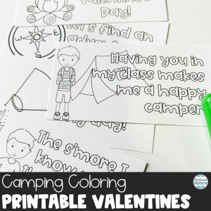 Cartes de camping pour la Saint-Valentin pour les enfants en classe, cartes à imprimer pour la Saint-Valentin, idées cadeaux de camping, Saint-Valentin pour garçons, pages à colorier de camping