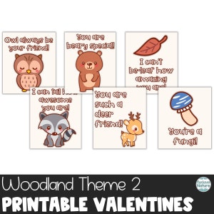 Cartes de Saint Valentin animaux des bois pour les enfants, carte de Saint Valentin imprimable aux champignons pour l'enseignant, valentines de hibou pour les étudiants de l'enseignant