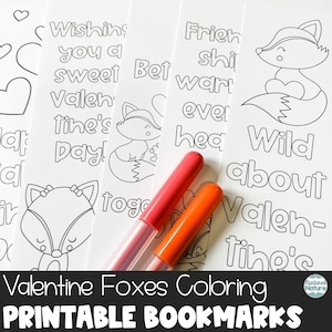 Pages à colorier de marque-pages Fox Saint-Valentin, carte de Saint-Valentin renard pour les enfants, marque-pages de Saint-Valentin imprimables, thème de classe boisée
