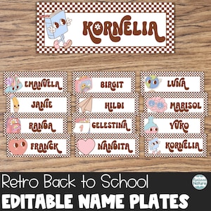 Classroom name tags, back to school classroom decor, retro name plate for desk, editable labels printable for teachers, instant download