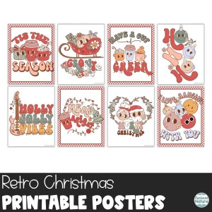 May include: Set of eight printable retro Christmas posters featuring illustrations of festive characters and holiday greetings. The posters include phrases like "Tis the Season", "Holly Jolly Vibes", "Merry Bright", and "Have a Cup of Cheer".