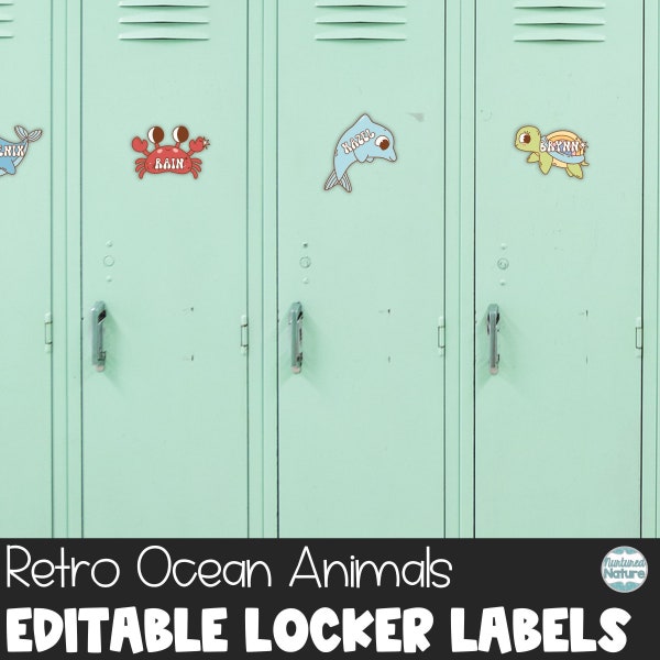 Retro ocean animal name tags for school, cubby tags, editable labels printable for teachers, summer decor, instant download