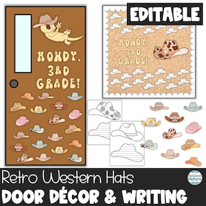 Kit de quadro de avisos retrô western, decoração de sala de aula com tema western, decoração de porta de volta às aulas, letras editáveis, chapéu de cowboy, crachás