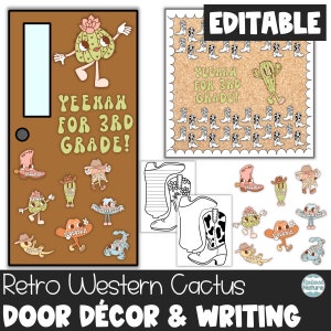 Kit de quadro de avisos retrô ocidental, decoração de sala de aula com tema ocidental, decorações de porta de volta às aulas, letras editáveis, cactos, botas de cowboy
