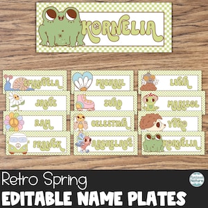 Classroom name tags, spring decor, retro name plate for desk, editable labels printable for teachers, flower power, retro classroom theme