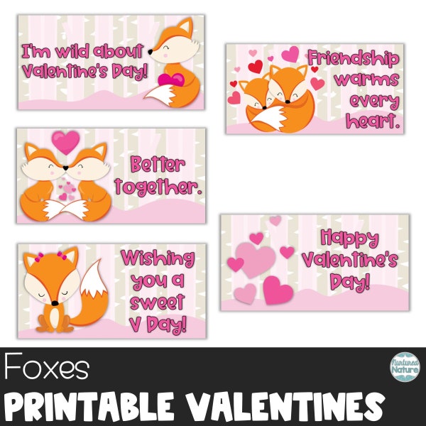 Fox valentine cards for kids, printable valentines day card for teacher, woodland fox, valentines for students from teacher