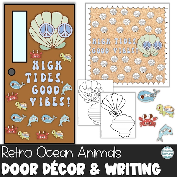 Ocean animals decor, retro classroom decor, summer classroom door, end of the year bulletin board kit, editable letters, name tags for kids