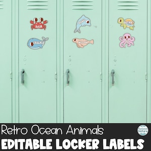 Retro ocean animal name tags for school, cubby tags, editable labels printable for teachers, summer decor, instant download