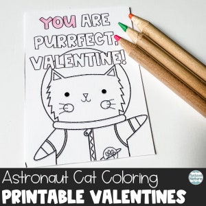 Astronaut Katzen Färbung Valentinstag Karten für Kinder, Weltraum Valentinskarten, Katzenliebhaber, Valentinstag für Klasse, Weltraum Valentine printable, Katzen