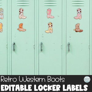 Etichette modificabili per la scuola, decorazioni con stampa western retrò da cowgirl, stivali da cowboy, decorazioni per l'aula a tema western, modello di etichette modificabili