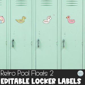 May include: Mint green lockers with retro pool float designs. The floats include a dinosaur, a unicorn, and a flamingo, each with a name label. The text "Retro Pool Floats 2" and "Editable Locker Labels" are at the bottom.