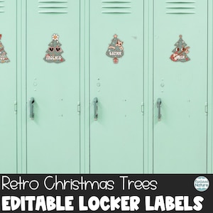May include: Three green lockers with retro Christmas tree locker labels. The labels feature a green Christmas tree with various decorations, including a cat, sunglasses, and a guitar. The names "Prolnik", "Brynn", and "Devin" are printed on the labels.