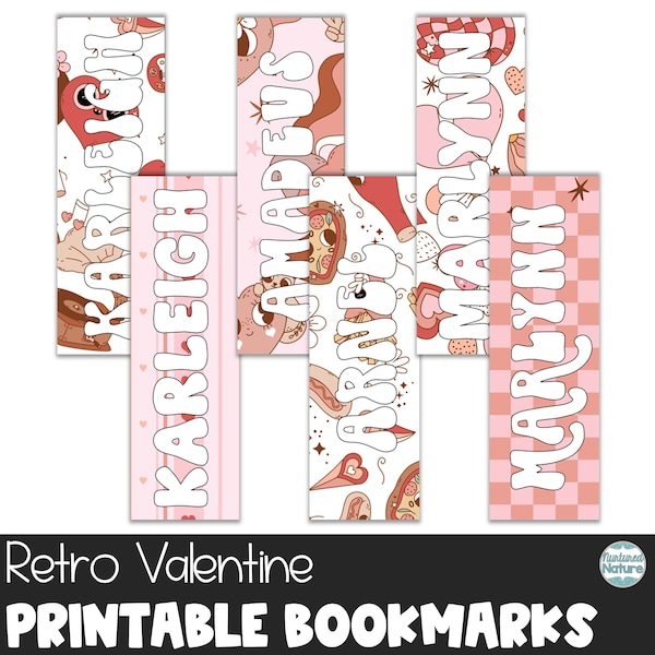 Editable name bookmarks, retro valentine bookmarks for kids printable, groovy valentine printable, retro valentines day cards for kids