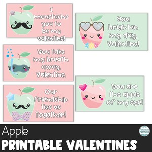 Apfel Valentinstag Karten für Kinder Klassenzimmer, Schnurrbart Valentinstag Karten, Valentinstag druckbare Karten für Kinder, Valentinstag für Kinder